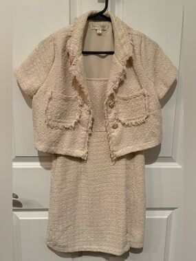 Textured Cream & Pink Mini Dress with Square Neckline and  Cropped Jacket Set